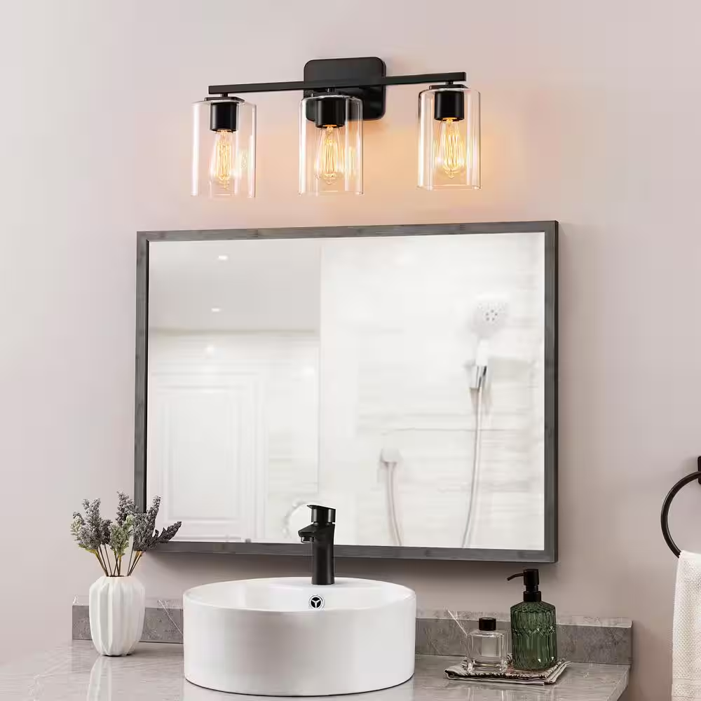 21 In. 3-Light Black Clemmon Vanity Light with Square Glass Shade
