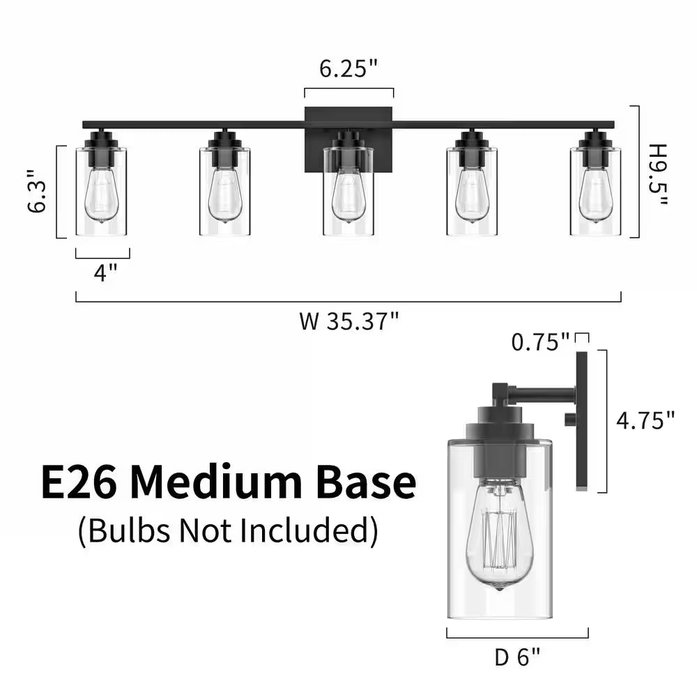 35 In. 5-Light Black Vanity Light with Clear Glass Shade