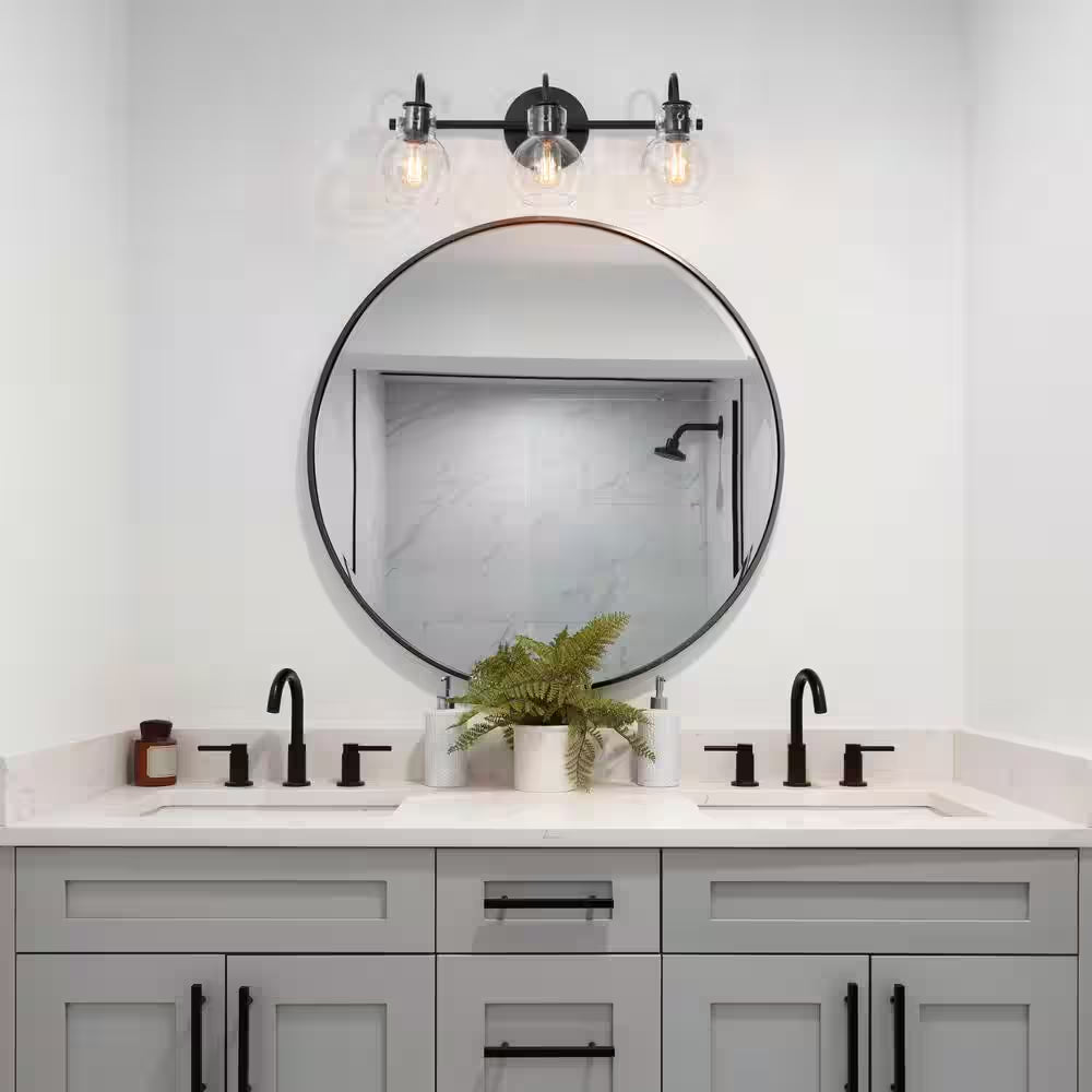 Modern 22 In. 3-Light Black Bathroom Vanity Light with Clear Glass Globe Shades Classic Wall Sconce for Damp Location