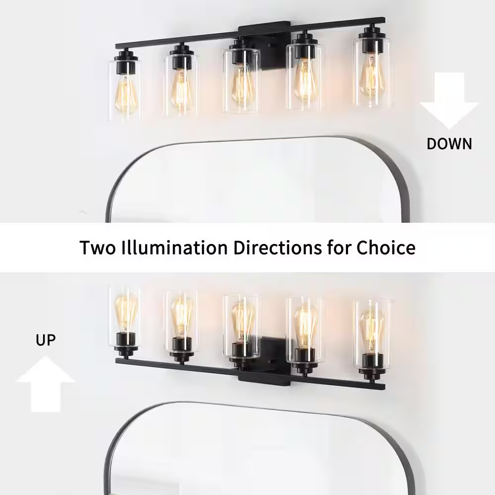 35 In. 5-Light Black Vanity Light with Clear Glass Shade