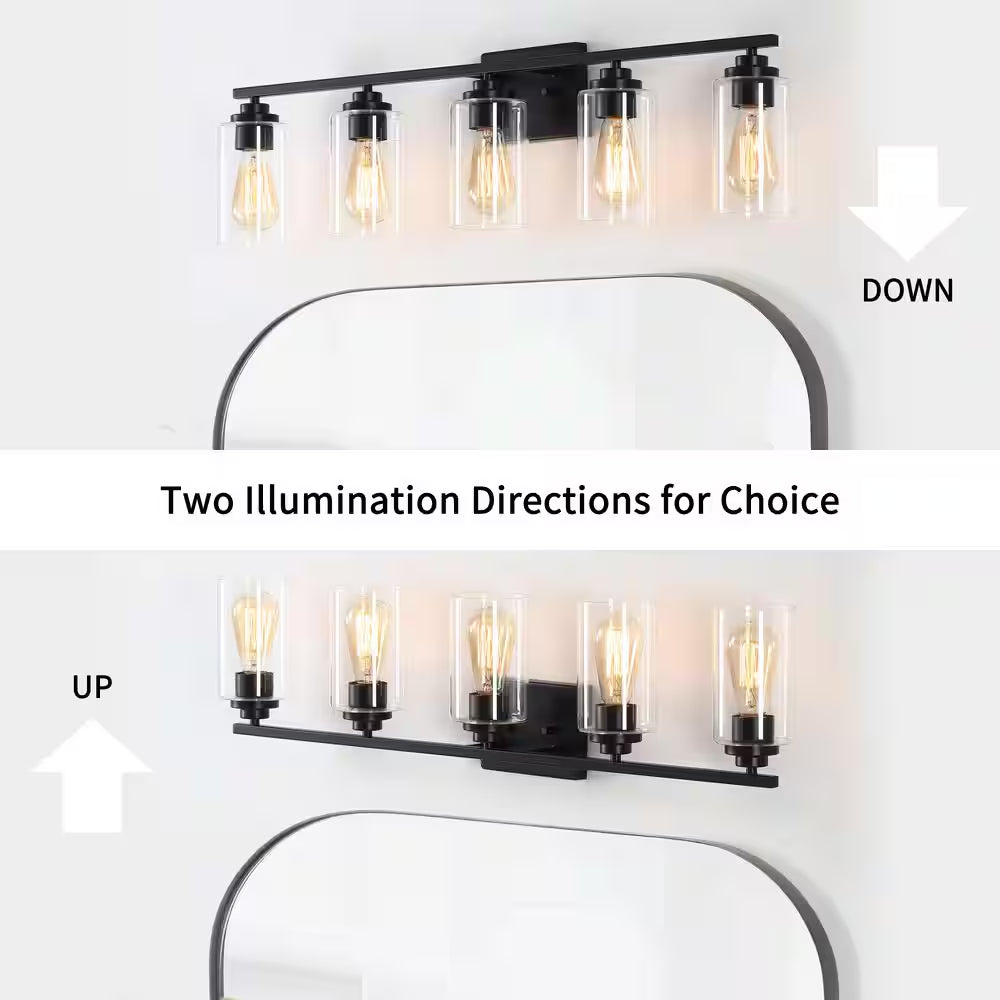 35 In. 5-Light Black Vanity Light with Clear Glass Shade