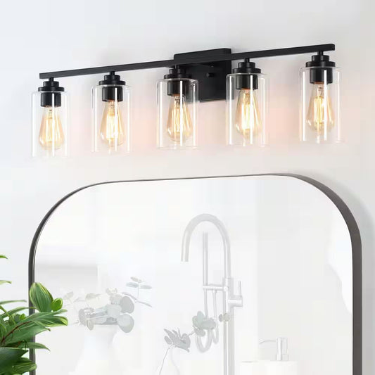 35 In. 5-Light Black Vanity Light with Clear Glass Shade