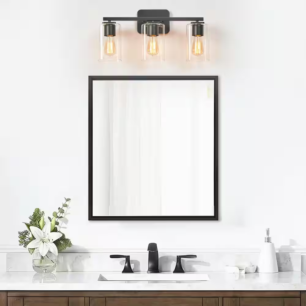 21 In. 3-Light Black Clemmon Vanity Light with Square Glass Shade