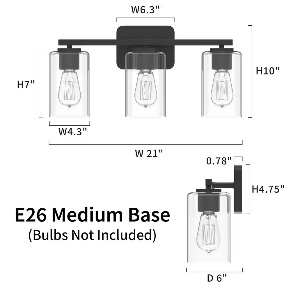 21 In. 3-Light Black Clemmon Vanity Light with Square Glass Shade