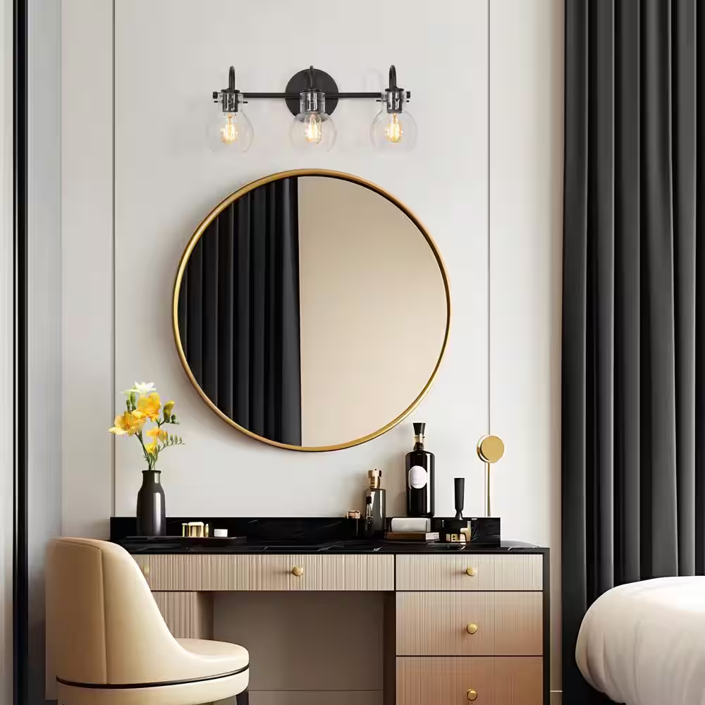Modern 22 In. 3-Light Black Bathroom Vanity Light with Clear Glass Globe Shades Classic Wall Sconce for Damp Location