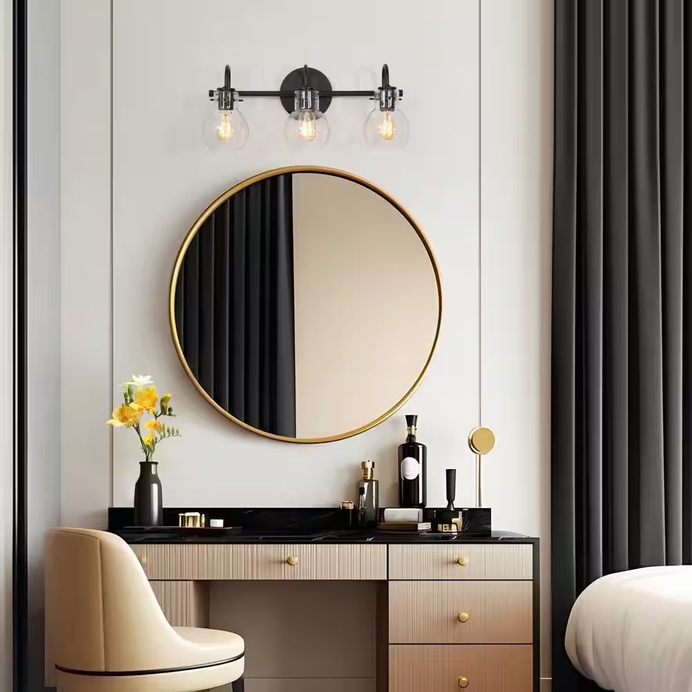 Modern 22 In. 3-Light Black Bathroom Vanity Light with Clear Glass Globe Shades Classic Wall Sconce for Damp Location