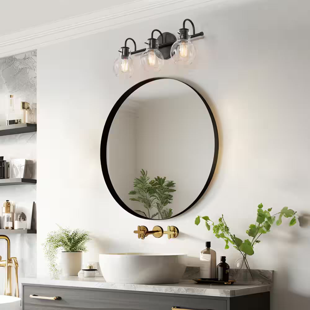 Modern 22 In. 3-Light Black Bathroom Vanity Light with Clear Glass Globe Shades Classic Wall Sconce for Damp Location