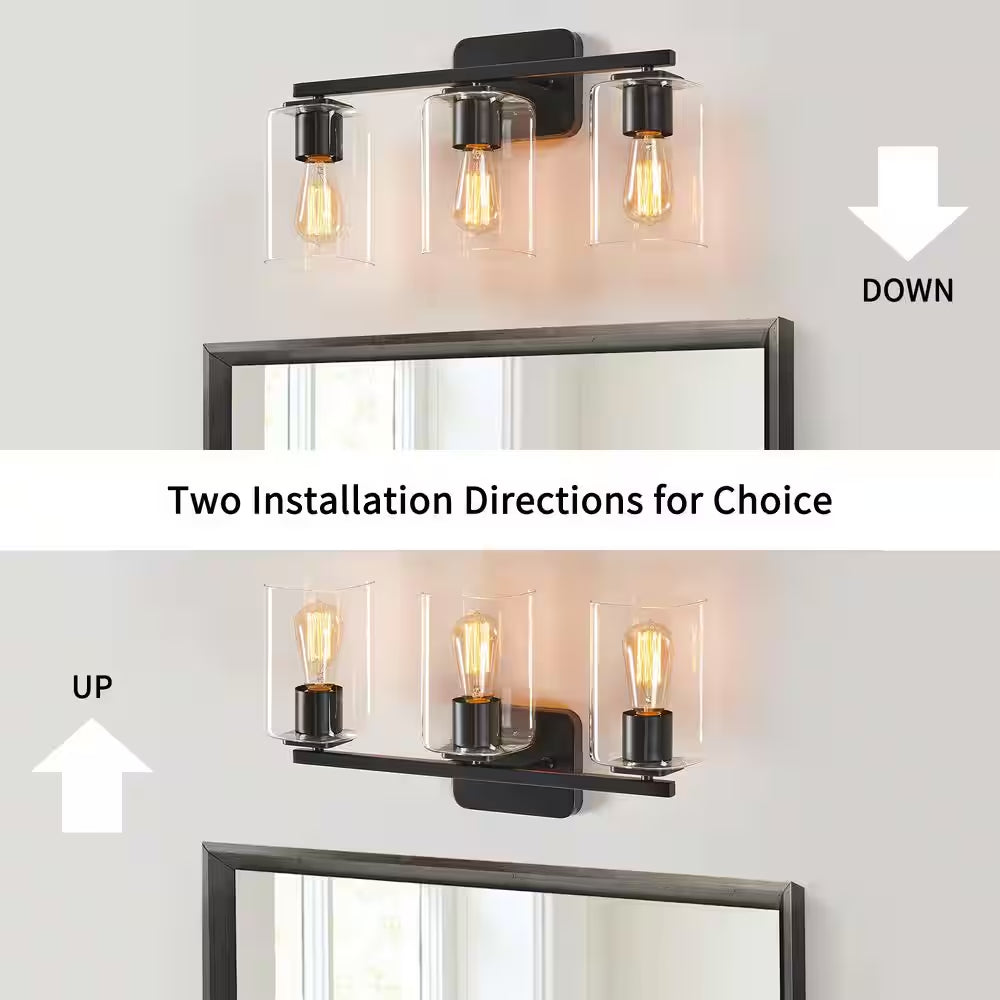 21 In. 3-Light Black Clemmon Vanity Light with Square Glass Shade