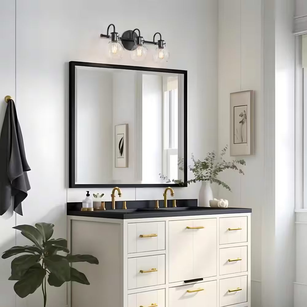 Modern 22 In. 3-Light Black Bathroom Vanity Light with Clear Glass Globe Shades Classic Wall Sconce for Damp Location