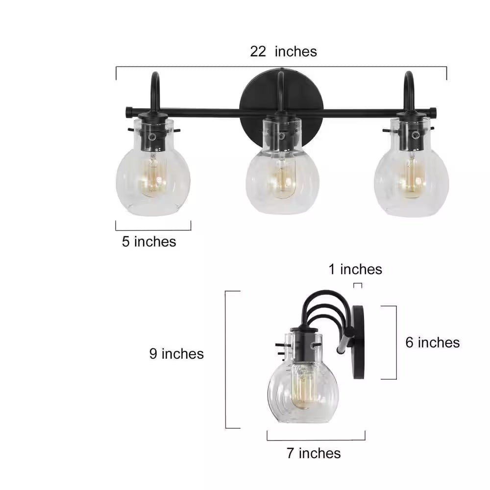Modern 22 In. 3-Light Black Bathroom Vanity Light with Clear Glass Globe Shades Classic Wall Sconce for Damp Location