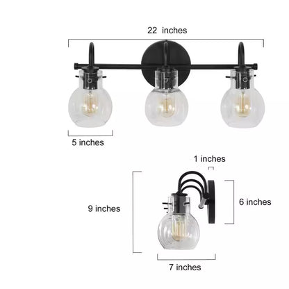 Modern 22 In. 3-Light Black Bathroom Vanity Light with Clear Glass Globe Shades Classic Wall Sconce for Damp Location