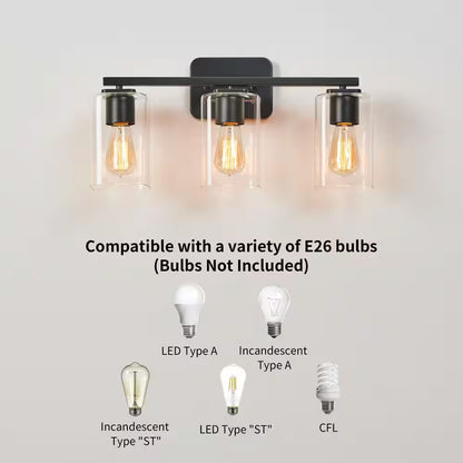 21 In. 3-Light Black Clemmon Vanity Light with Square Glass Shade