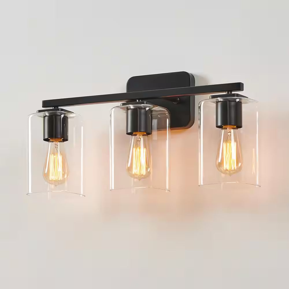 21 In. 3-Light Black Clemmon Vanity Light with Square Glass Shade