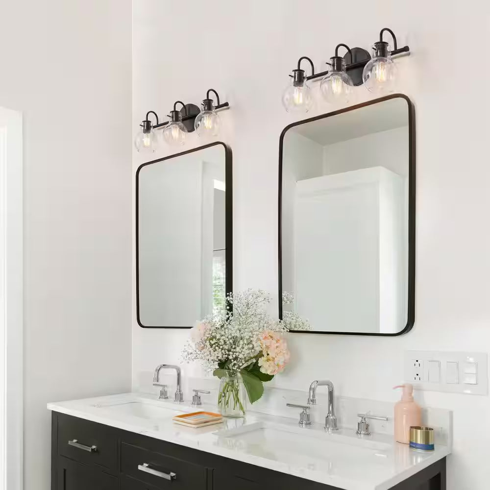 Modern 22 In. 3-Light Black Bathroom Vanity Light with Clear Glass Globe Shades Classic Wall Sconce for Damp Location