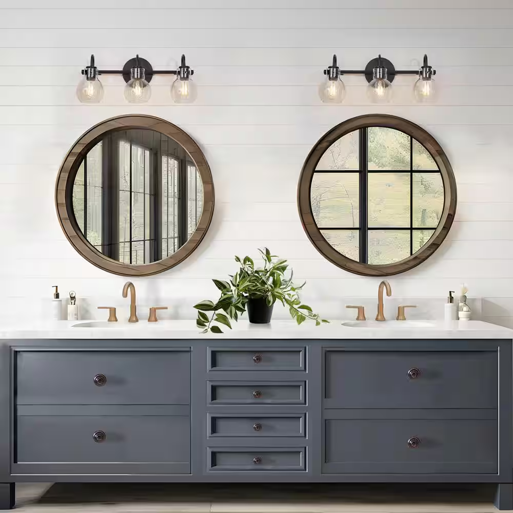 Modern 22 In. 3-Light Black Bathroom Vanity Light with Clear Glass Globe Shades Classic Wall Sconce for Damp Location