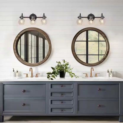 Modern 22 In. 3-Light Black Bathroom Vanity Light with Clear Glass Globe Shades Classic Wall Sconce for Damp Location