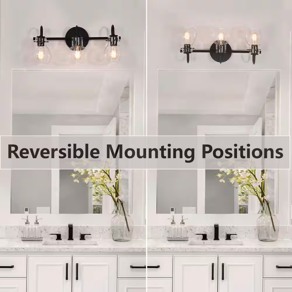 Modern 22 In. 3-Light Black Bathroom Vanity Light with Clear Glass Globe Shades Classic Wall Sconce for Damp Location