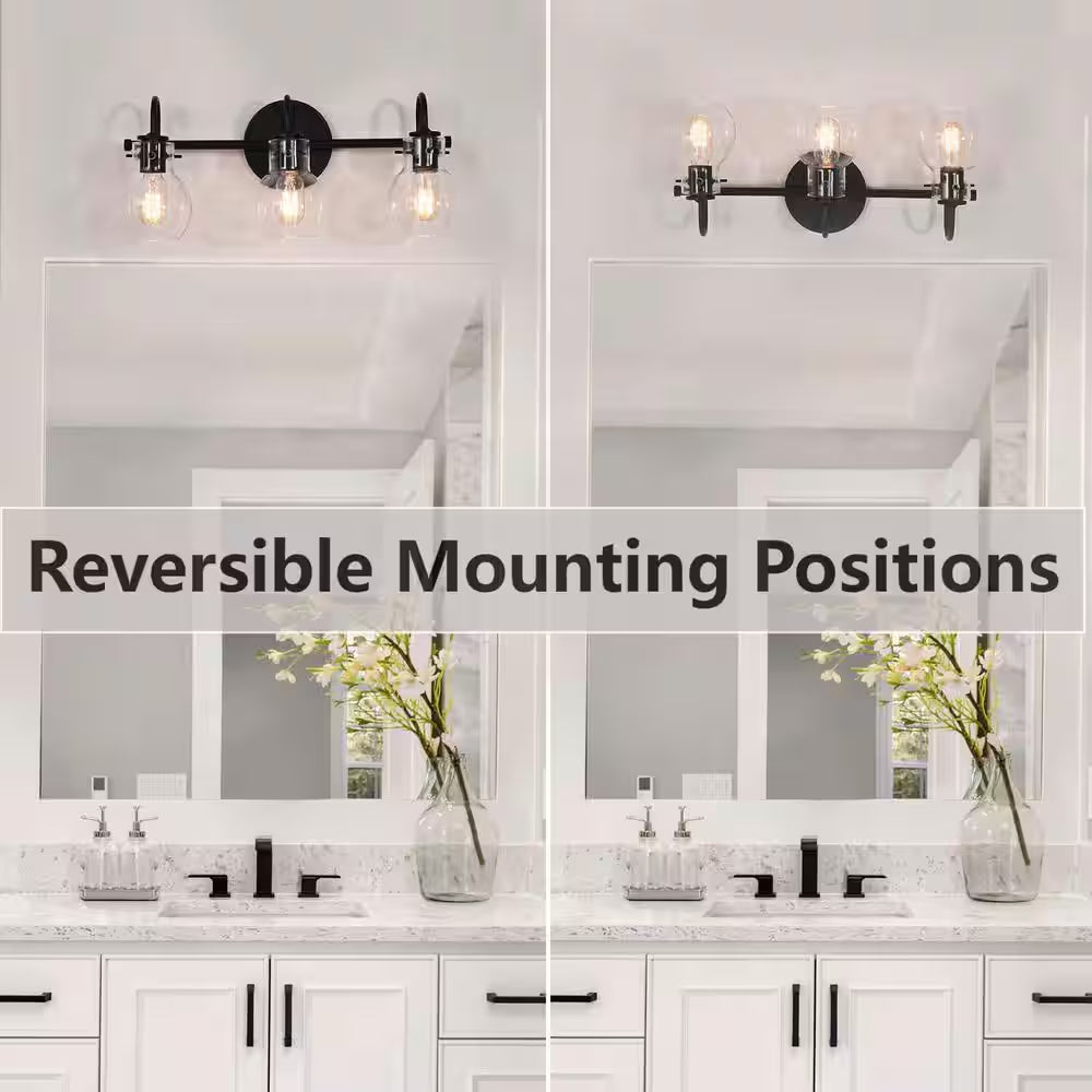 Modern 22 In. 3-Light Black Bathroom Vanity Light with Clear Glass Globe Shades Classic Wall Sconce for Damp Location