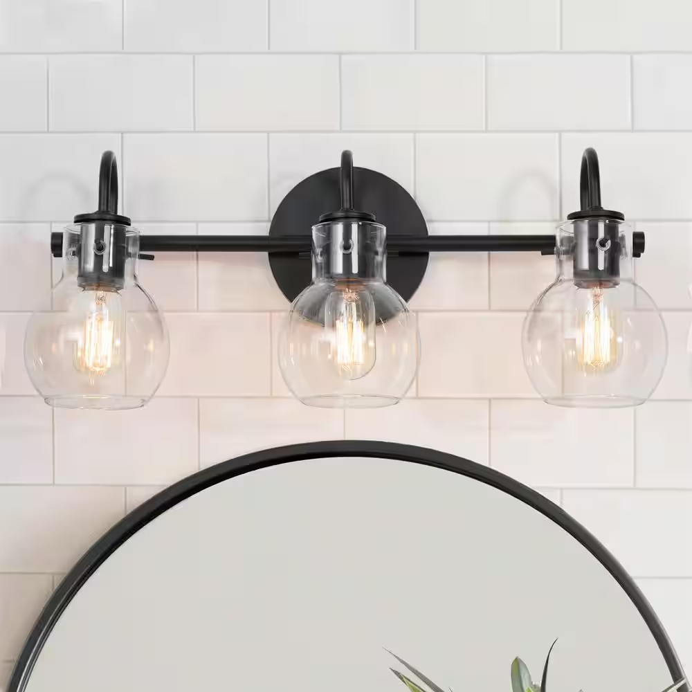 Modern 22 In. 3-Light Black Bathroom Vanity Light with Clear Glass Globe Shades Classic Wall Sconce for Damp Location
