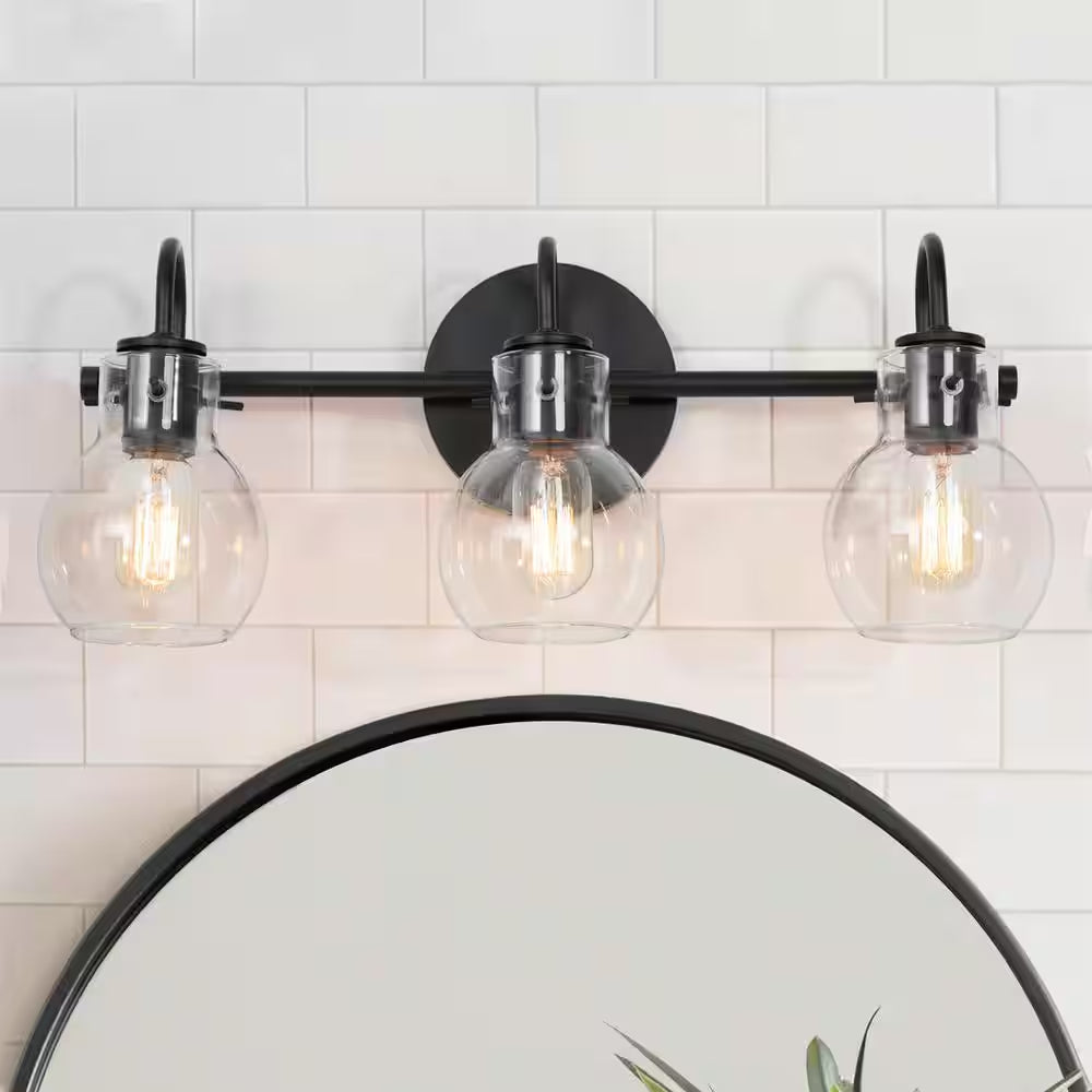 Modern 22 In. 3-Light Black Bathroom Vanity Light with Clear Glass Globe Shades Classic Wall Sconce for Damp Location