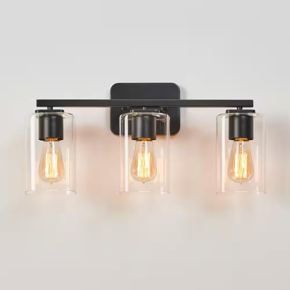 21 In. 3-Light Black Clemmon Vanity Light with Square Glass Shade
