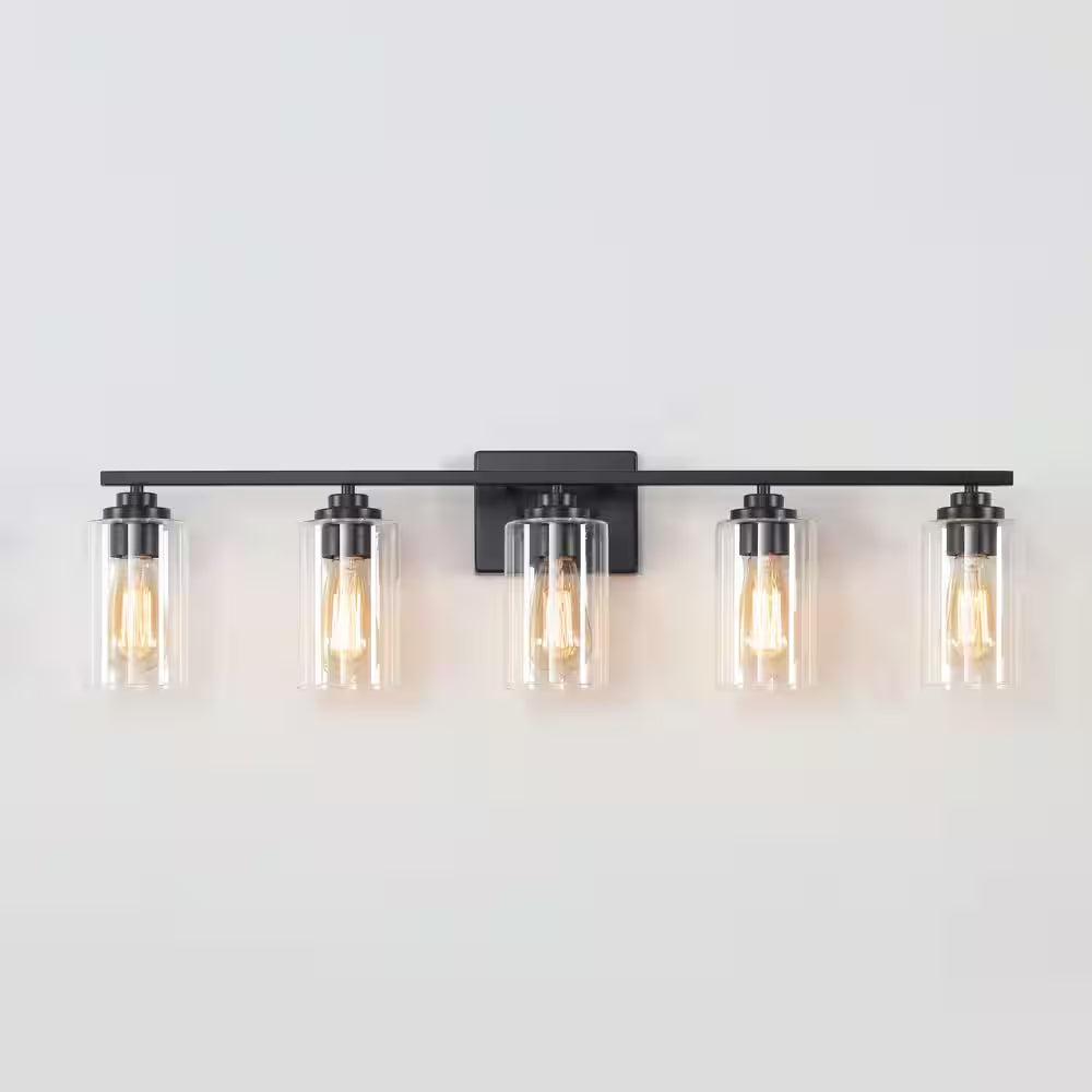35 In. 5-Light Black Vanity Light with Clear Glass Shade