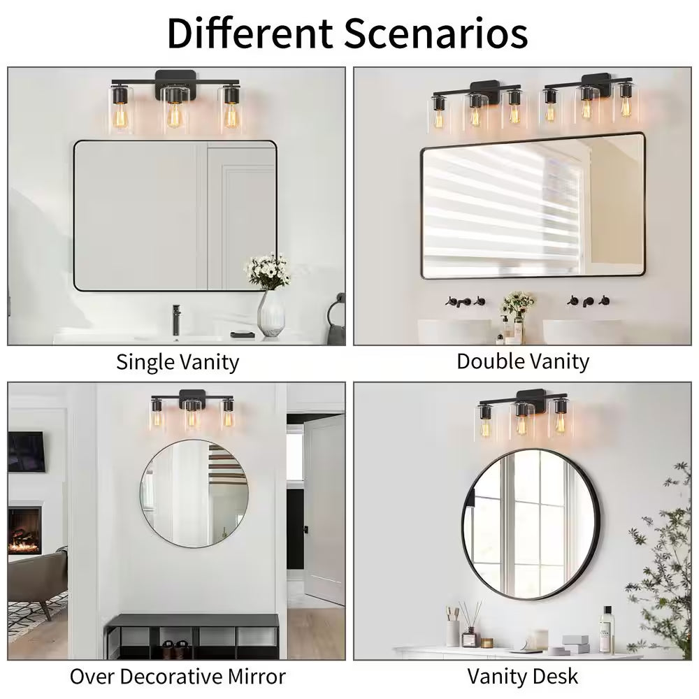 21 In. 3-Light Black Clemmon Vanity Light with Square Glass Shade